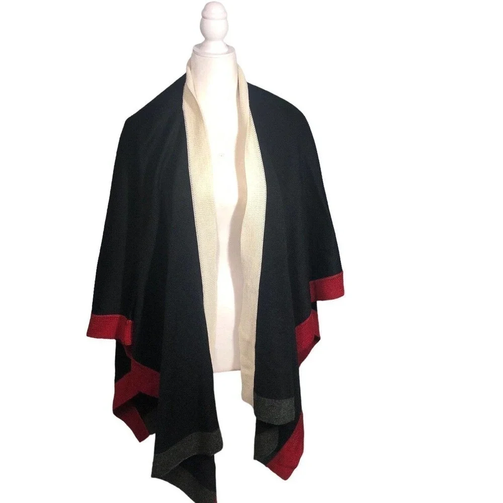 Coldwater Creek Poncho‎ Womens One Size Ruana Wrap Black Red Colorblock Wool New